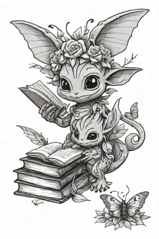 stich and baby groot and Grogu and books and flowers and butterfly and dragon tattoo design idea