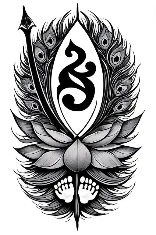 sikh Khanda at top, followed by bow and arrow within the lotus, the peacock feather, and Vishnu's footprints at bottom tattoo design idea