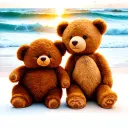 One small teddy bear and one big teddy bear sitting on the beach facing the ocean with a sunset tattoo design idea
