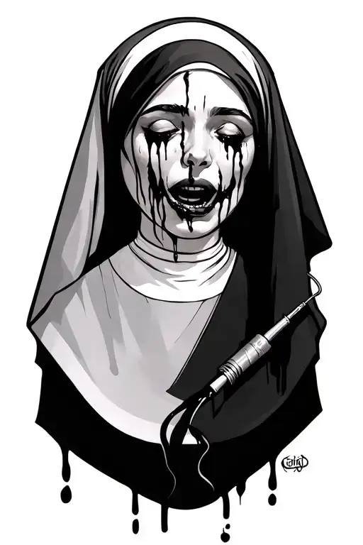 The image shows a nun with her eyes rolled back from which black tears flow, her mouth is stretched by a medical instrum tattoo design idea