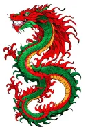 Red and green dragon wrapping around the body's natural curves, expanding over ribs, side, and buttock and thigh.  tattoo design idea