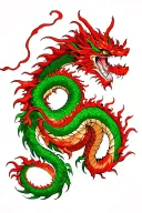 Red and green dragon wrapping around the body's natural curves, expanding over ribs, side, and buttock and thigh.  tattoo design idea
