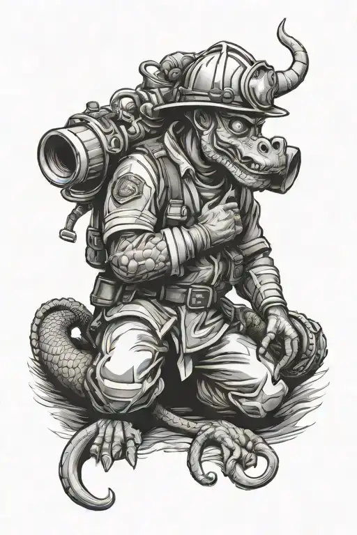 kneeled firefighter with apparel, dragon spirit, honor tattoo design idea