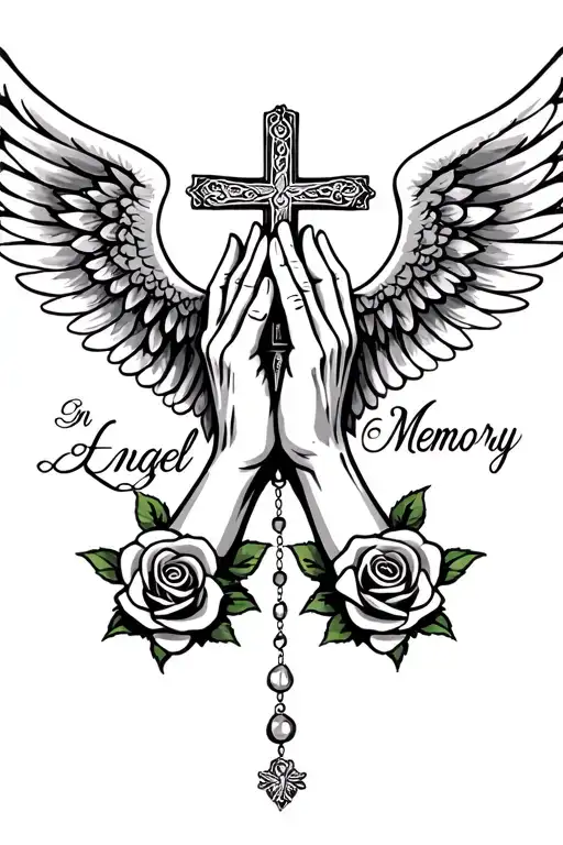 "Angel Sophia Emilia" "In Loving Memory" "In Loving Memory" "In Loving Memory" "In Loving Memory" Praying Hands, Rosary beads intertwined with cross, Wings, Realism, Rose tattoo design idea