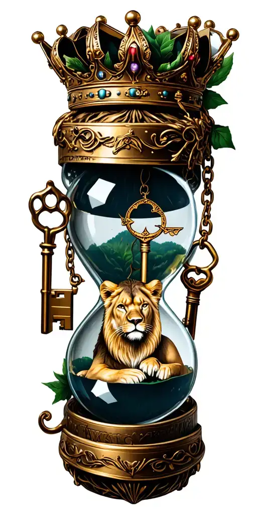 queen crown lioness vines broken hour glass locket with two keys tattoo design idea