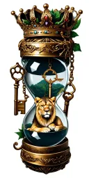 queen crown lioness vines broken hour glass locket with two keys tattoo design idea