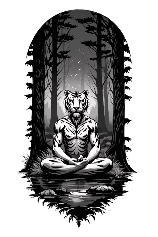 meditating muscular humanoid  furry Tiger in the forest landscape tattoo design idea