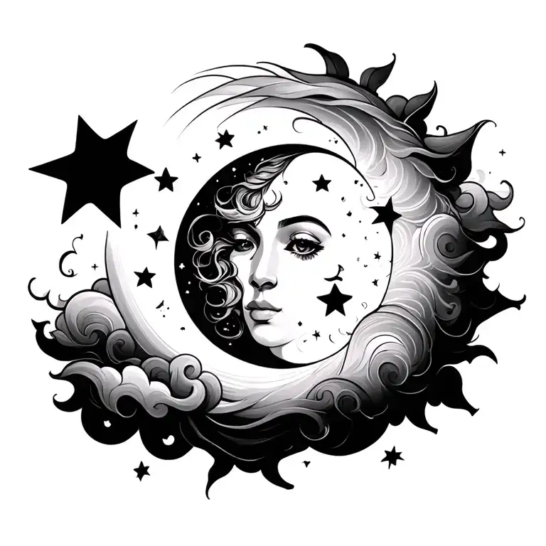sun moon stars clouds fantasy theme book tattoo design idea