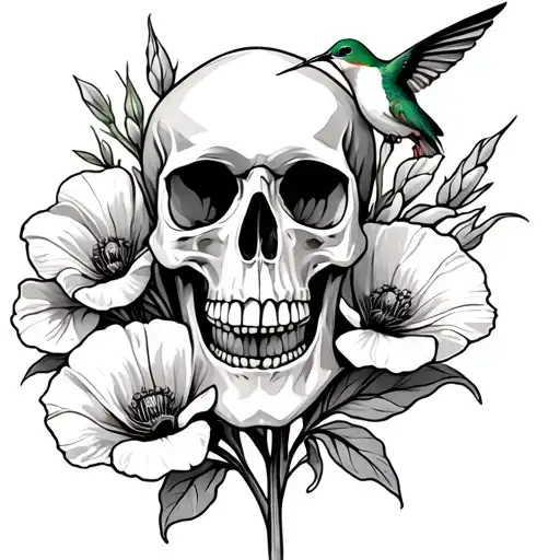 Skull with gladiolus flower blooming and poppy flower blooming and hummingbird  tattoo design idea