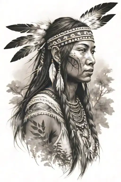  young beautifull native american woman, river, meadow tattoo design idea
