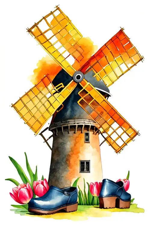 windmill with tulips and clogs tattoo design idea