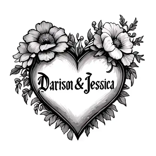 heart with flowers and other designs and says Darrison & Jessica inside the heart in old English outline stencil tattoo design idea