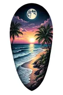 A tattoo design featuring a beach sunset with a moon in the background, incorporating elements of hip hop and R&B music tattoo design idea