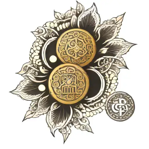 mace, gold coin, shatkona, hinduism, Rajput motifs tattoo design idea