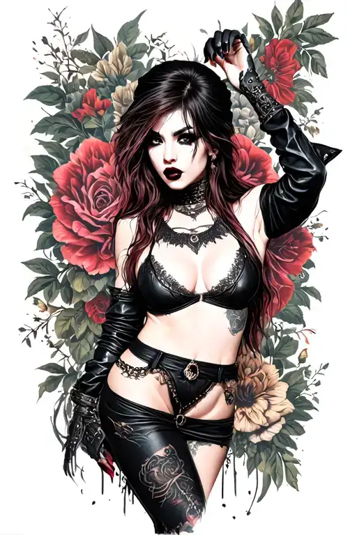 Goth very sexy women posing like a metalcore singer tattoo design idea