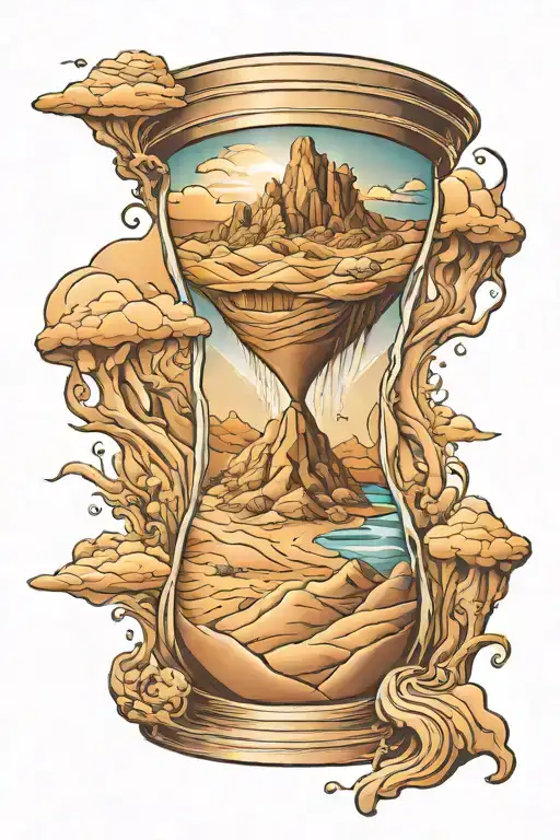 Hour glass with desert sand transforming into waterfall over mountains tattoo design idea