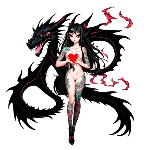 tattooed anime demon girl holding a shattered heart surrounded by a voodoo black dragon tattoo design idea