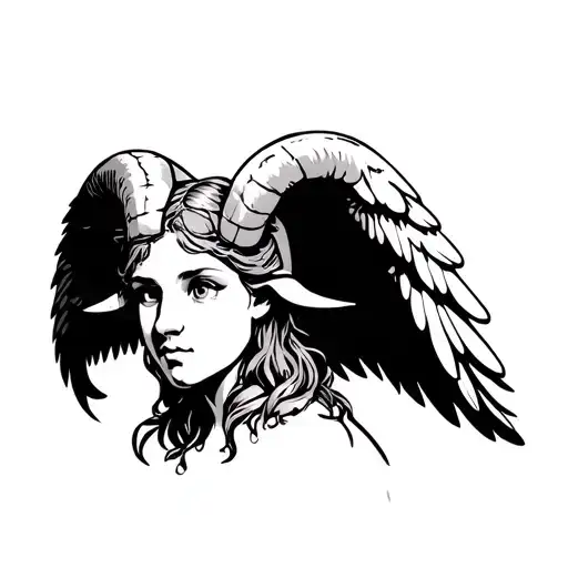 Design a cartoon style tattoo of a hopeless/melancholic angel with ram or aries horns. Shoulder placement, black and whi tattoo design idea