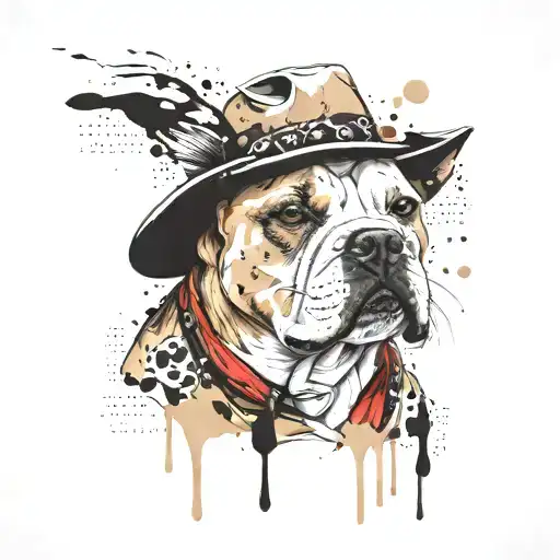 fully tan American bulldog wearing a cowboy hat tattoo design idea