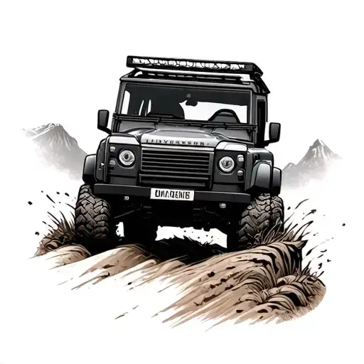 Land Rover Defender driving off road mounting in back ground for forearm tattoo design idea