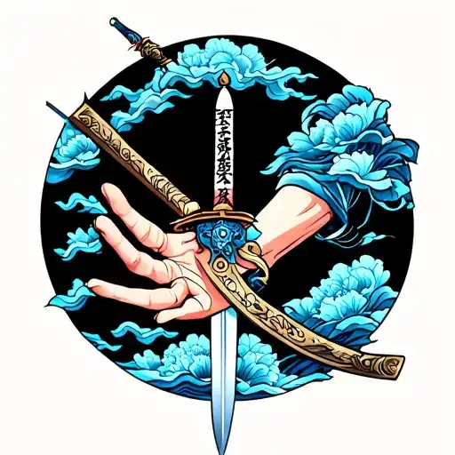 A sword on the arm that passes through the hand tattoo design idea