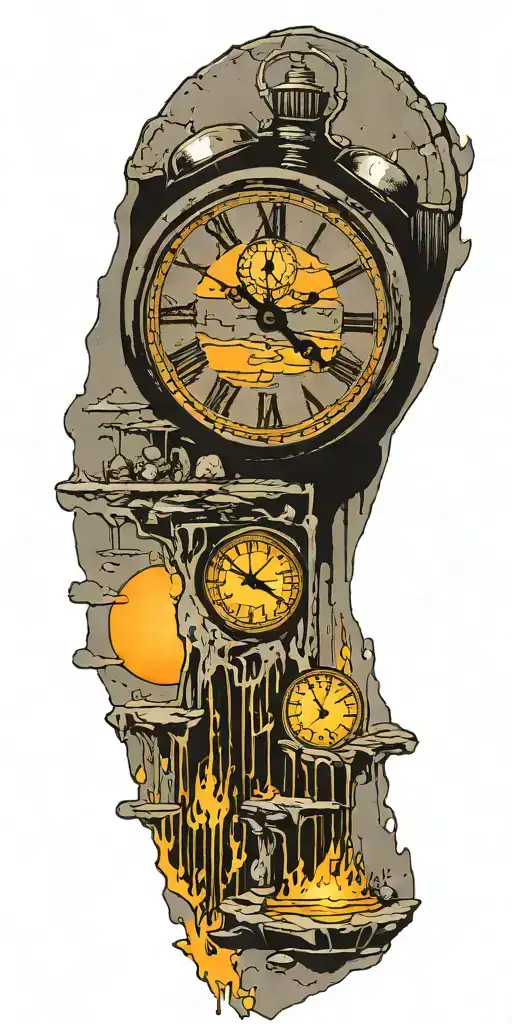 September 8 2024, clock melting, concrete sidewalk, sunset tattoo design idea