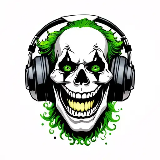 green clown skull wearing headphone with fake smile  tattoo design idea