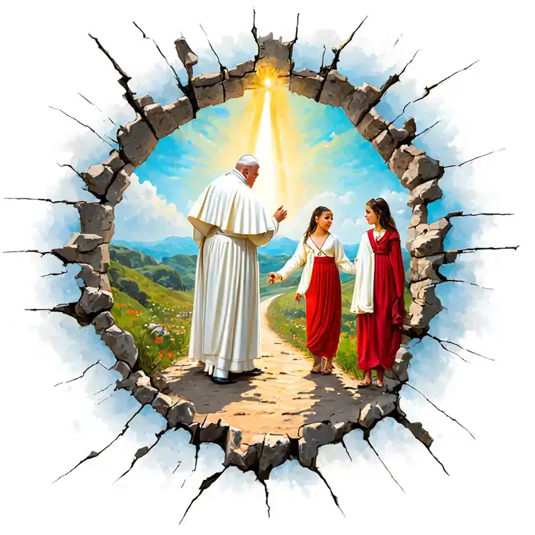 "Felicitas and Catalina" A Pope with his 2 daughters, on the way with obstacles and cracks. At the end of the road, a strong light that means hope. tattoo design idea