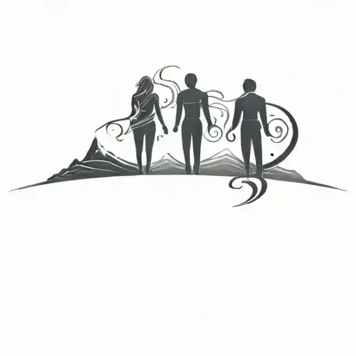 Three simple silhouettes standing on a horizon line: Three stylized shapes representing two men and a woman tattoo design idea