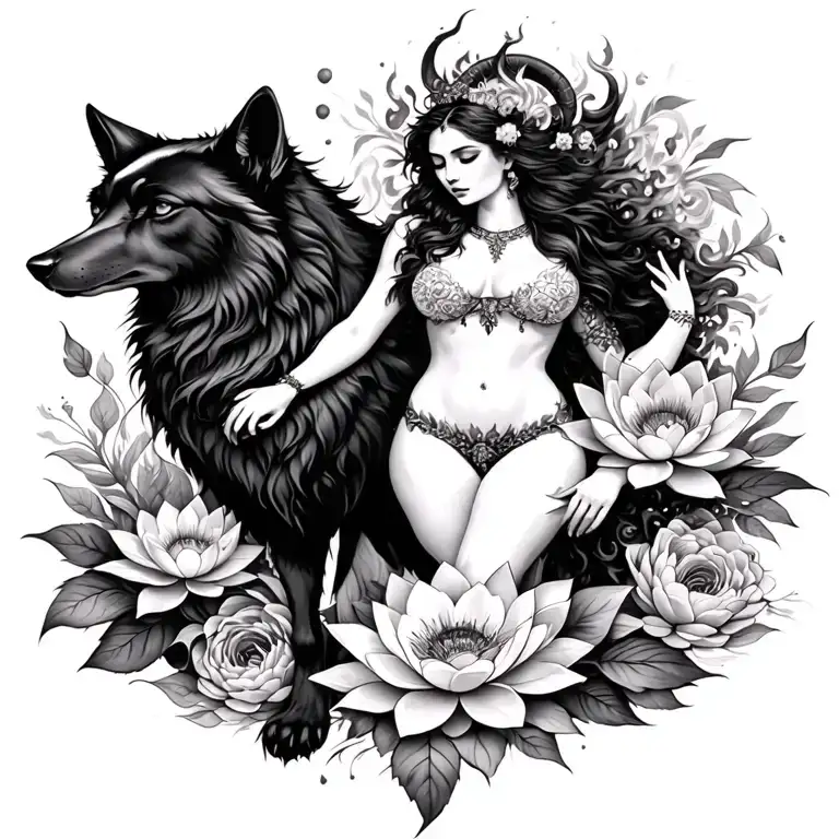 Aries sexy goddess surrounded by poeny and lotus flowers and black wolf holding fire tattoo design idea