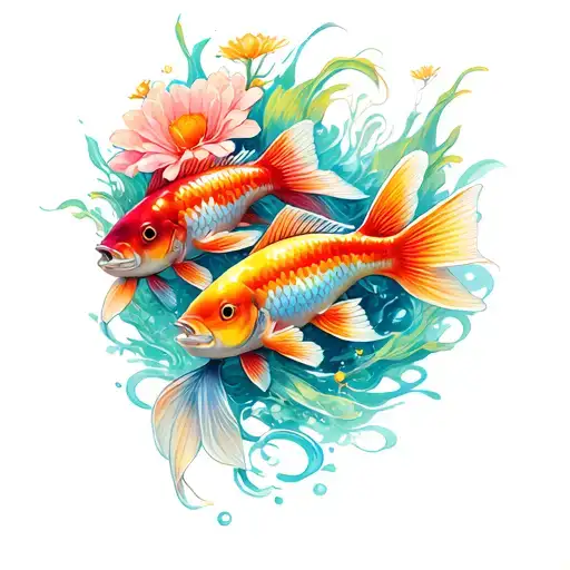 three coy fish with flowers representing 5 emotions tattoo design idea