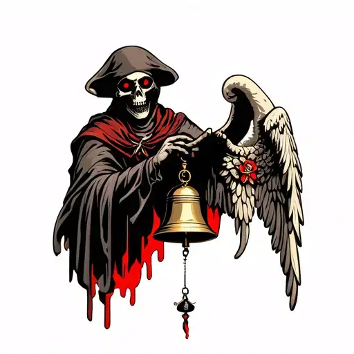 The grim reaper handing out a dangling guardian bell with a guardian angel wings on the bell and has red eyes tattoo design idea