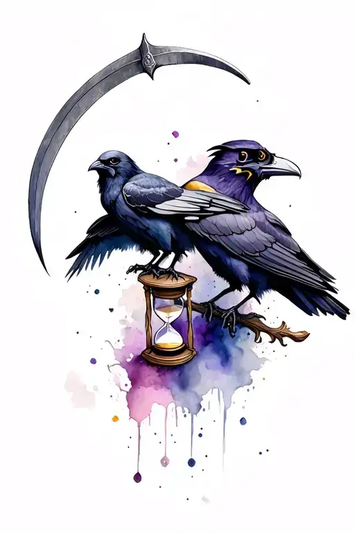 ravens with grim reaper holding a scythe and hourglass tattoo design idea