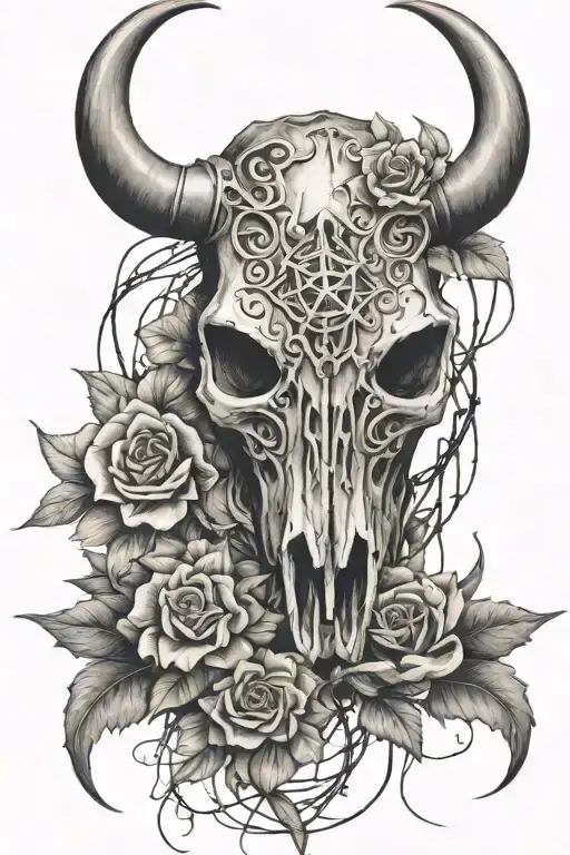 western theme that has barbed wire, flowers, bull skull tattoo design idea
