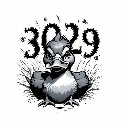 numbers 3029 in gothic font behind a mischievous looking duck tattoo design idea