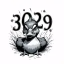 numbers 3029 in gothic font behind a mischievous looking duck tattoo design idea