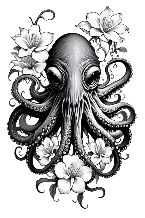 long octopus with the face of Cthulhu from H.P. Lovecraft, detailed tentacles flowing down with magnolias and lilies tattoo design idea