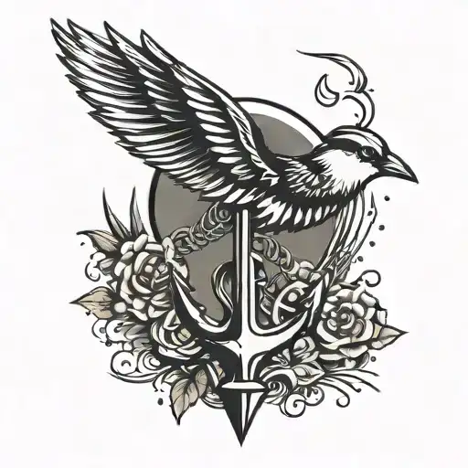 A mental health tattoo represents a semi colon, anchor, feather, arrow, and  birds in flight  tattoo design idea