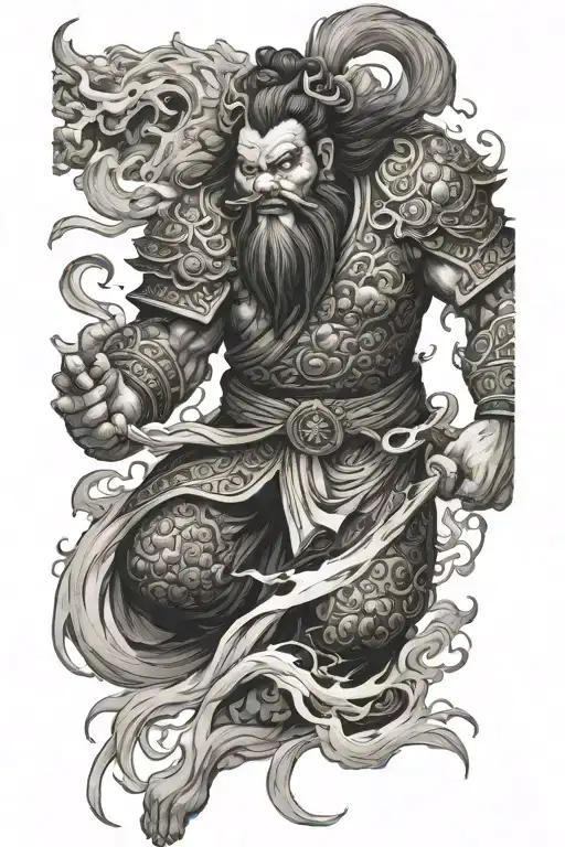 guan yu flowing, Japanese style, foo dog roaring, full sleeve tattoo design idea