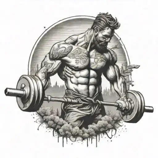 An intricate design of a muscular figure lifting a barbell in a serene wilderness setting tattoo design idea