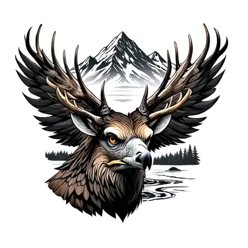 Scottish stag forrest mountain and river eagle  tattoo design idea