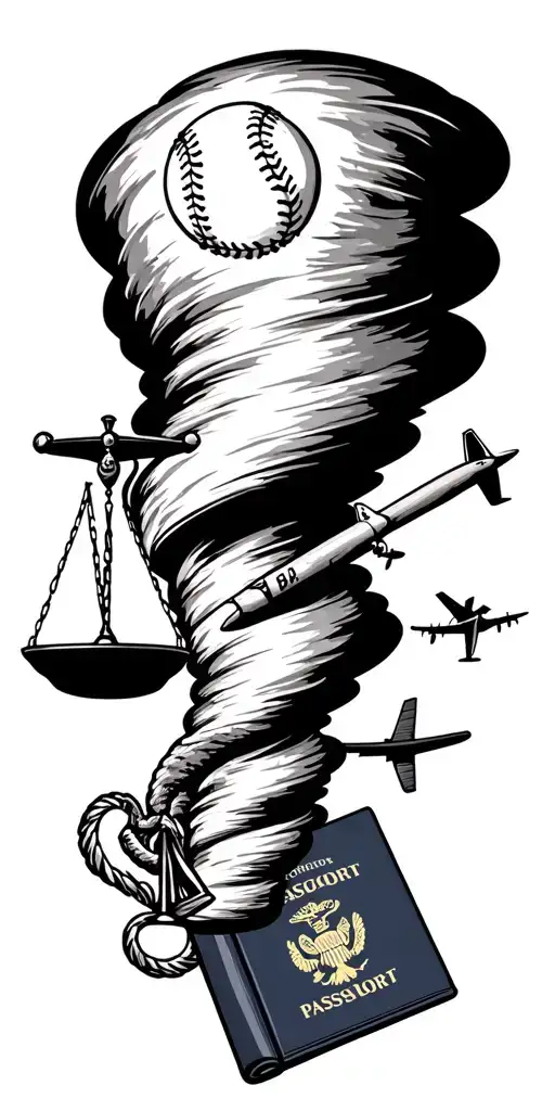 tornado sucking up scales of justice, baseball bat, baseball, passport, airplane, and palm tree. tattoo design idea