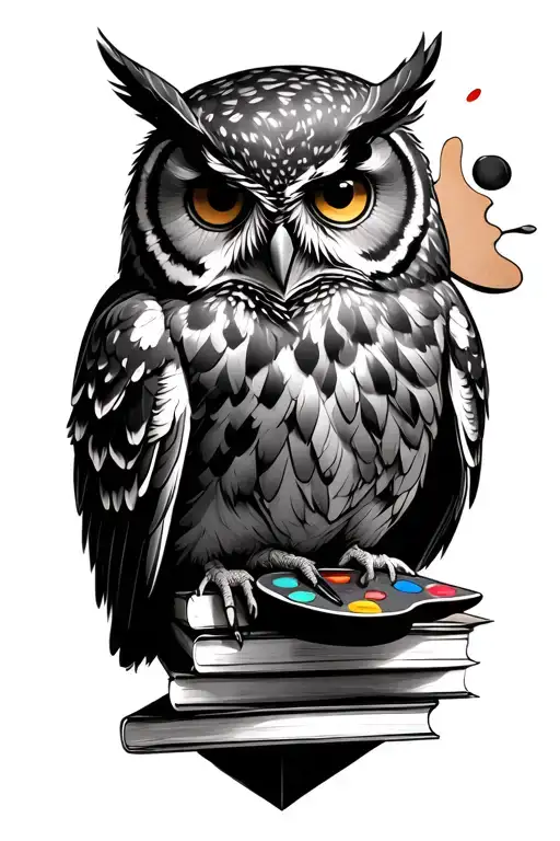 A black-grey tattoo of a wise owl perched on a stack of books, with a painter's palette in its talons tattoo design idea