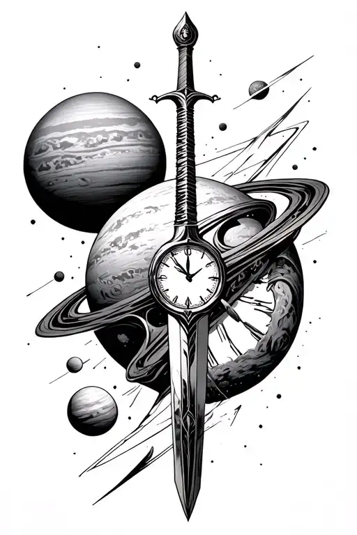 black start space, planets, time clock, sword tattoo design idea