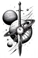 black start space, planets, time clock, sword tattoo design idea