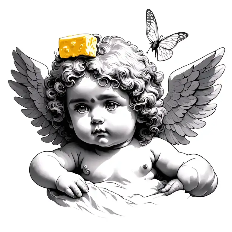 Cherub with a butter fly on its head tattoo design idea