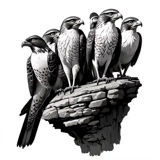 Realistic tattoo design of six falcons standing proudly on a rugged rocky ledge, each with detailed feathers, sharp eyes tattoo design idea