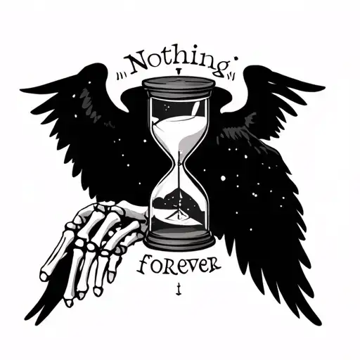 "Nothing lasts forever " hourglass with a skeleton hand reaching up towards a angel hand through the hourglass with the words under and curved  tattoo design idea