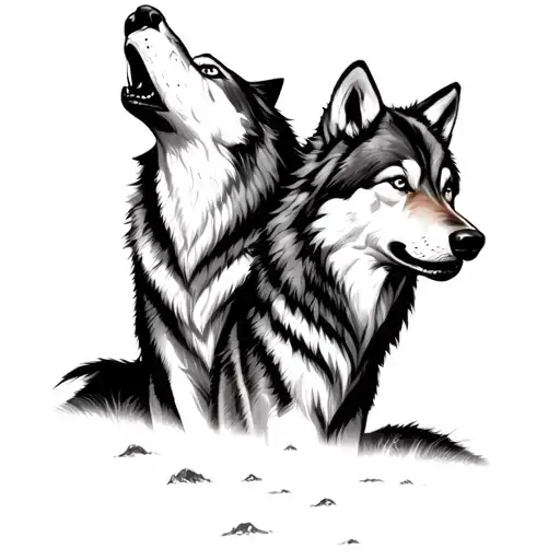 2 adult and two young wolves howling tattoo design idea