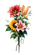 roses, stargazer lilies, tulips, sunflowers intertwined tattoo design idea